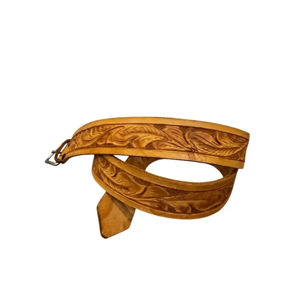 Vintage Tooled Leather Western Belt Size 42 Tan Floral Engraved RDH Initials